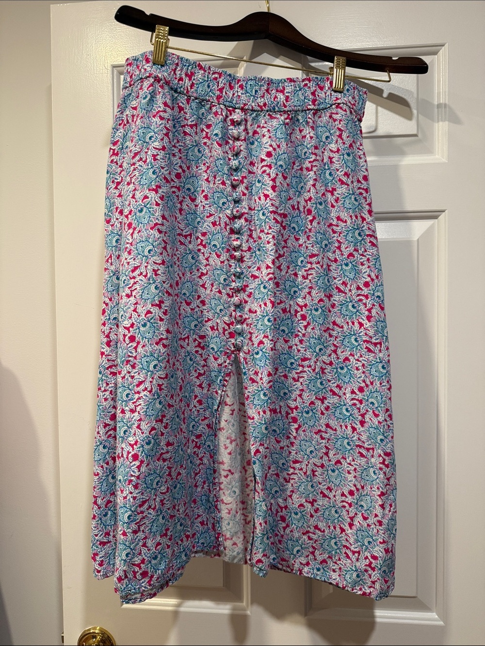 LOFT Floral Midi Skirt in Blue and Pink